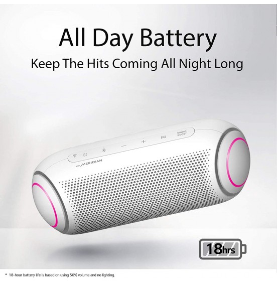 LG XBOOM Go Speaker PL5 Portable Wireless Bluetooth, Dual Action Bass, Sound by Meridian, Water-Resistant, Sound Boost EQ, 18 Hour Battery Life, LED Lighting - Black