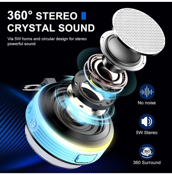 Bluetooth Shower Speaker, IPX7 Waterproof Portable Speaker with LED Light, Suction Cup, Hook, Stereo Sound, True Wireless Stereo Mini Speaker with Built-in Mic, FM Radio, for Bathroom, Pool, Outdoors