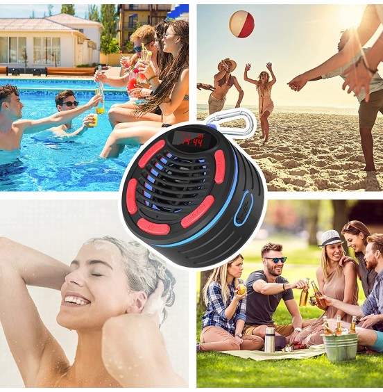 IPX7 Waterproof Shower Bluetooth Speaker BassPal Portable Wireless Outdoor Bluetooth Speaker for Shower Beach Pool Outdoors Party Travel Hiking, Bluetooth Speaker with Suction Cup LED and FM Radio